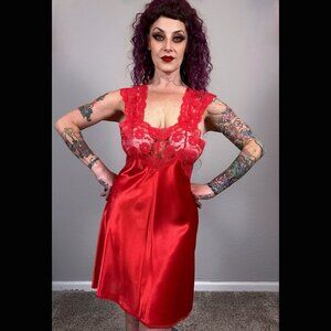 60s Val Mode Red Slip Dress Sheer Lingerie Fit Flare Lace Chemise L